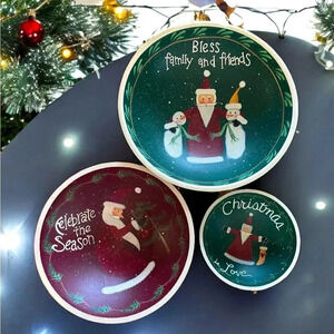 3 Piece set of Wooden Hand Painted Santa & Snowmen Green & Red Holiday Bowls